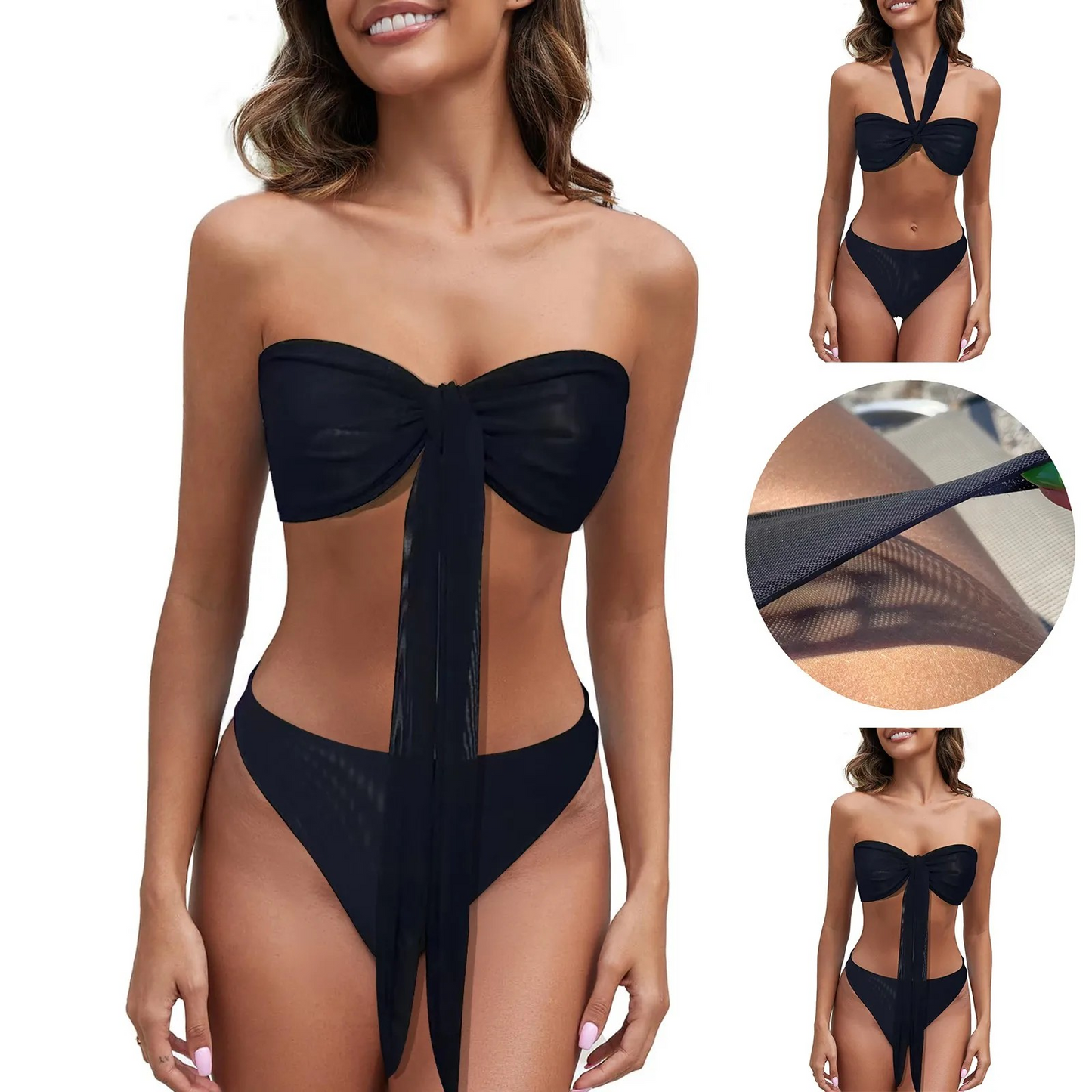 Women's Tan Through Bikini with Bow - HAPPYHEAVENS™