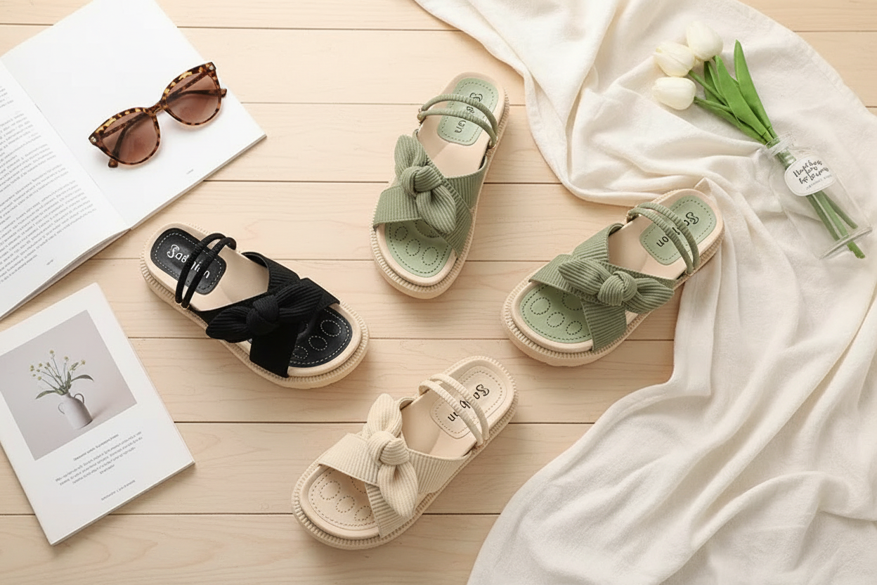 Mia sandals flat lay - all colors