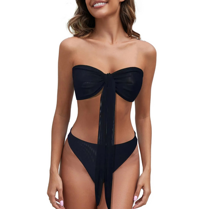 Women's Tan Through Bikini with Bow - HAPPYHEAVENS™